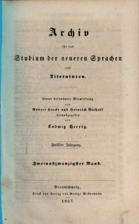 Archiv für das Studium der neueren Sprachen und Literaturen. 22 = Jg. 12. 1857