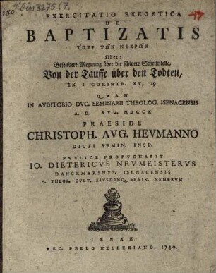 Exercitatio exeg. de baptizatis hyper tōn nekrōn