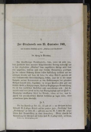 I. Zur Strafnovelle vom 25. September 1861, mit besonderer Rücksicht auf die "Studien eines Praktikers"