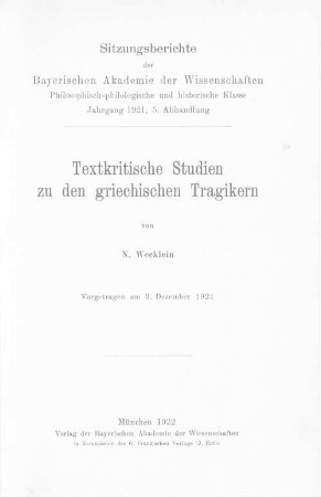 Textkritische Studien zu den griechischen Tragikern
