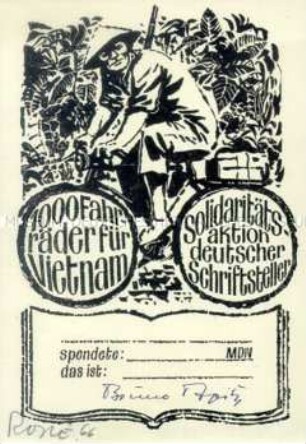 Schmuckblatt zur Aktion "1000 Fahrräder für Vietnam" mit der Unterschrift von Bruno Apitz
