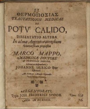 Thermoposias : Tractationis Medicae De Potu Calido, Dissertatio Altera