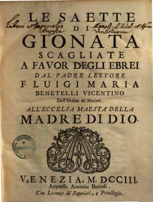 Le Saette di Gionata scagliate à favor degli Ebrei
