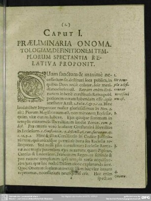 Caput I. Praeliminaria Onomatologiam, Definitionem Templorum Spectantia Relativa Proponit