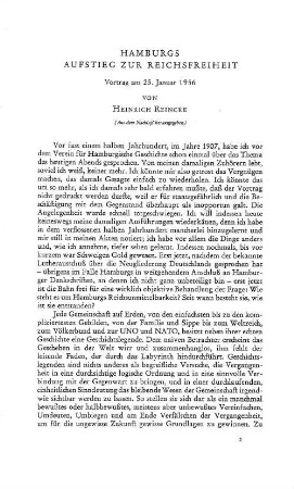 Hamburgs Aufstieg zur Reichsfreiheit, Vortrag am 25. Januar 1956, aus dem Nachlaß herausgegeben