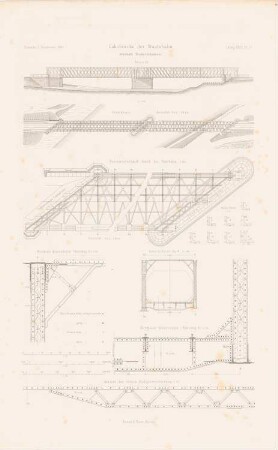 Lahnbrücke der Staatsbahn, Lahnstein: Grundriss, Ansicht, Schnitte, Details (aus: Atlas zur Zeitschrift für Bauwesen, hrsg. v. G. Erbkam, Jg. 32, 1882)