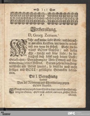 Die I. Betrachtung handelt Von der Reverentz und Ehrerbietung gegen GOttes Majestät.