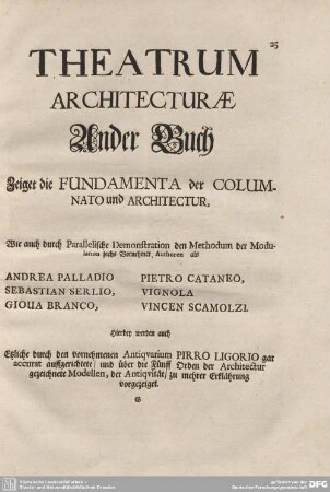 Theatrum Architectura. Ander Buch. Zeigt die fünf Order der Architectur.