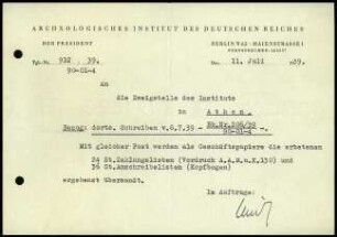 Schreiben; AIDR an DAI Athen (Bürobedarf)