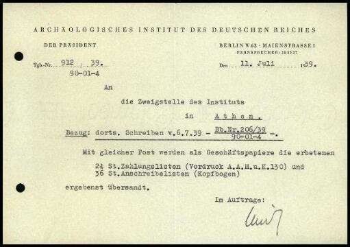 Schreiben; AIDR an DAI Athen (Bürobedarf)