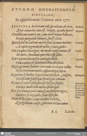 Europē Nosēleuomenē Eidyllion, In apparitionem Cometae anni 1577.