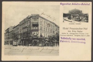 Ansichtskarte "Hotel Preussischer Hof" mit Anhalter Bahnhof, Königgrätzer Straße 117a