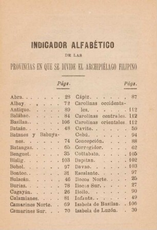 Indicador alfabético de las provincias en que se divide el Archipiélago filipino
