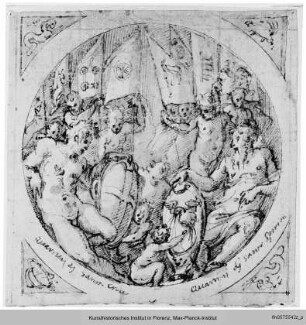 Vorzeichnungen für die Dekoration des Salone dei Cinquecento : Tondo mit zwei Figurengruppen, die mehrere Putti rahmen