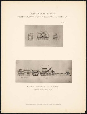 Wettbewerb Museumsinsel, Berlin: Projekt IV, Schnitte (aus: Concurrenzentwürfe wegen Bebauung d. Museumsinsel zu Berlin. Auswahl d. preisgekrönten u. besten Entwürfe, Berlin 1884)