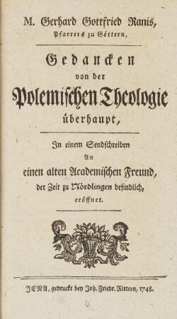 Gedancken von der Polemischen Theologie überhaupt