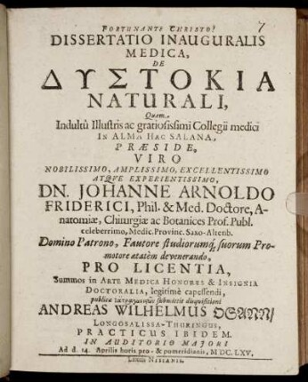 Dissertatio Inauguralis Medica, De Dystokia Naturali