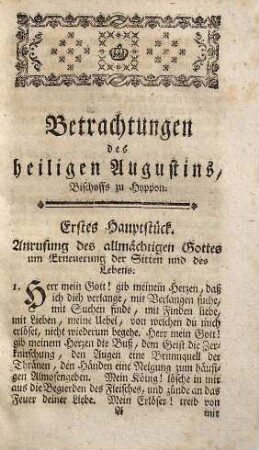Des heiligen Kirchenlehrers Aurelius Augustinus Bischoffs zu Hyppon Betrachtungen, einsame Gespräche, und Handbüchlein