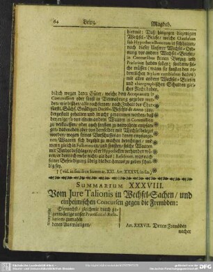 Summarium XXXVIII. Vom Iure Talionis in Wechsel-Sachen, und einheimischen Concursen gegen die Frembden