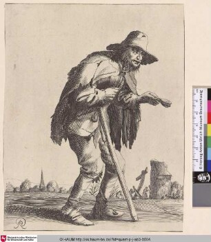 [Ein Bettler mit Krücke; A male beggar with a crutch in foreground, seen in profile to right, a shed and church-tower seen in distance]