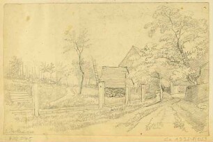 Weg und Garten vor einem Wohnhaus im Hintergrund in Rockau östlich von Dresden