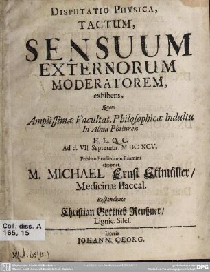 Disputatio physica tactum sensuum externorum moderatorem exhibens
