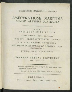 Dissertatio Inauguralis Iuridica De Assecuratione Maritima Nomine Alterius Contracta