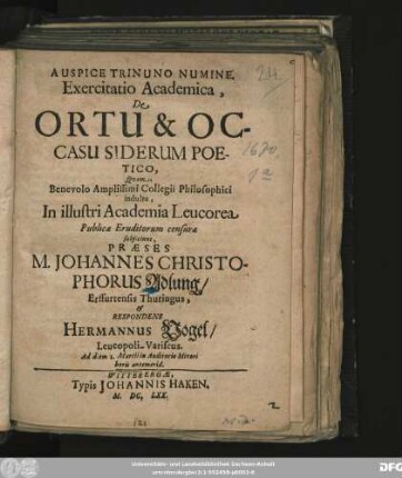 Exercitatio Academica, De Ortu & Occasu Siderum Poetico
