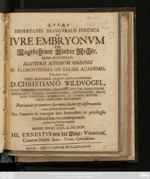 Dissertatio Inauguralis Iuridica De Iure Embryonum