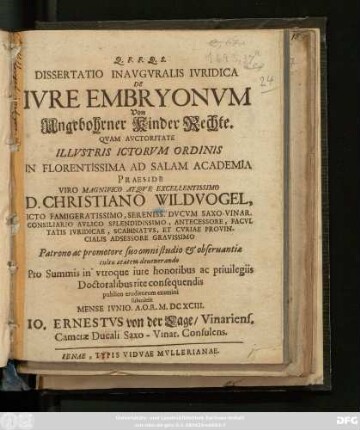Dissertatio Inauguralis Iuridica De Iure Embryonum