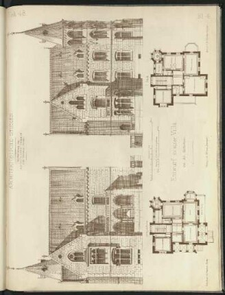 Entwurf zu einer Villa. Vorder- und Rückansicht, Grundrisse Erdgeschoss und I. Stock