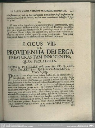 Locus VIII. De Providentia Dei Erga Creaturas Tam Innocentes, Quam Peccatrices