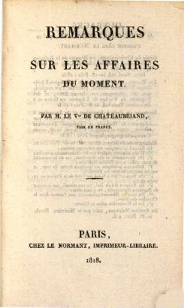 Remarques sur les affaires du moment