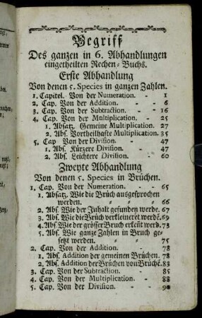 Begriff Des ganzen in 6. Abhandlungen eingetheilten Rechen-Buchs.