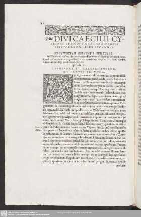 Divi Caecilii Cypriani Episcopi Carthaginensis Epistolarum Liber Secundus