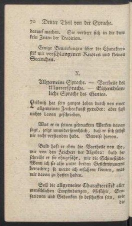 X. Allgemeine Sprache. - Vortheile der Muttersprache. - Eigenthümliche Sprache des Genies