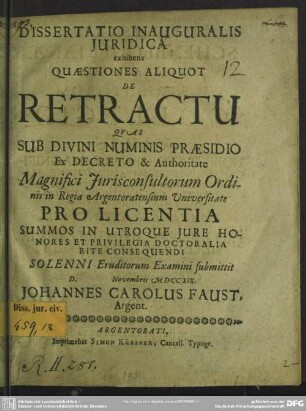 Dissertatio Inauguralis Iuridica exhibens Quaestiones Aliquot De Retractu