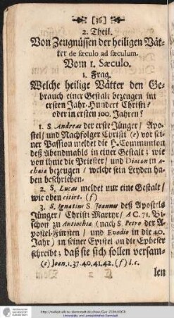 2. Theil Von Zeugnüssen der heiligen Vätter de saeculo ad saeculum. Vom I. Saeculo.