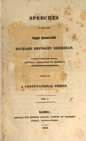 Speeches of the late Right Honourable Richard Brinsley Sheridan. 1