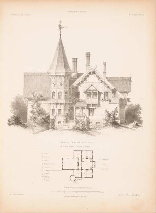 Jagdhaus Promnitz: Grundriss, Seitenansicht (aus: Architektonisches Skizzenbuch, H. 65/6, 1863)