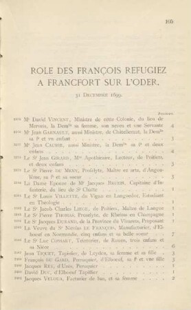 Role des françois refugiez à Francfort sur l'Oder. 31 décembre 1699