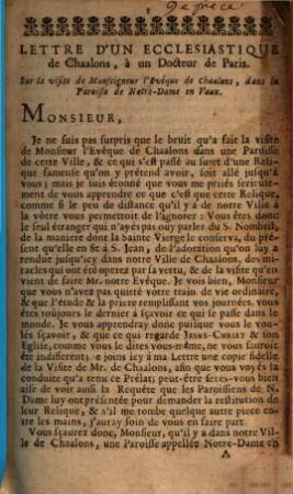Lettre d'un ecclésiastique de Chalons à un Docteur de Paris