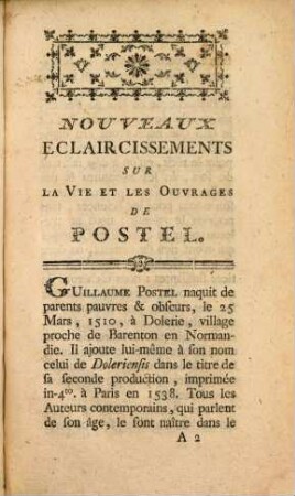 Nouveaux éclaircissements sur la vie et les ouvrages de Guillaume Postel