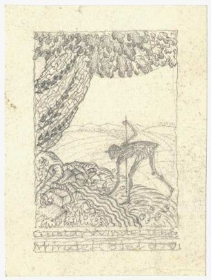 Exlibrisstudie für Gustav Windel : Figur mit Wanderstab beugt sich zum Erdboden herab, neben ihr ein Baum, dahinter Landschaft, Namenszug unterhalb der Darstellung