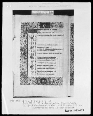 Liber horarum — Liturgisches Franziskanerkalendar, Folio 3recto-8verso — Buchseite Juni mit Monatsbild und Tierkreiszeichen in der Bordüre, Folio 5verso