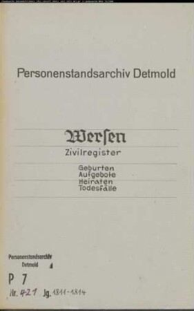 Zivilstandsregister der Munizipalität Wersen (GHT 1811, A 1811; GHT 1812, A 1812; GHT 1813, A 1813; GHT 1814, A 1814). (Gemeinde: Wersen, Kreis Tecklenburg)
