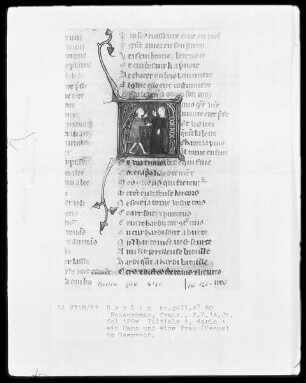 Roman de la Rose & Rosenroman — Initiale A, darin Venus im Gespräch mit einem Mann, Folio 120verso