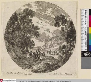 [Landschaft mit zwei Gruppen von Personen die sich am Meeresufer versammeln]