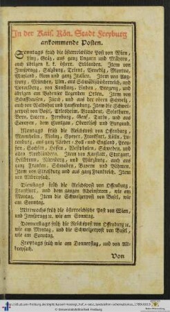 In der Kais. Kön. Stadt Freyburg ankommende Posten.