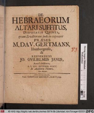 De Hebraeorum Altari Suffitus, Disputatio Quinta